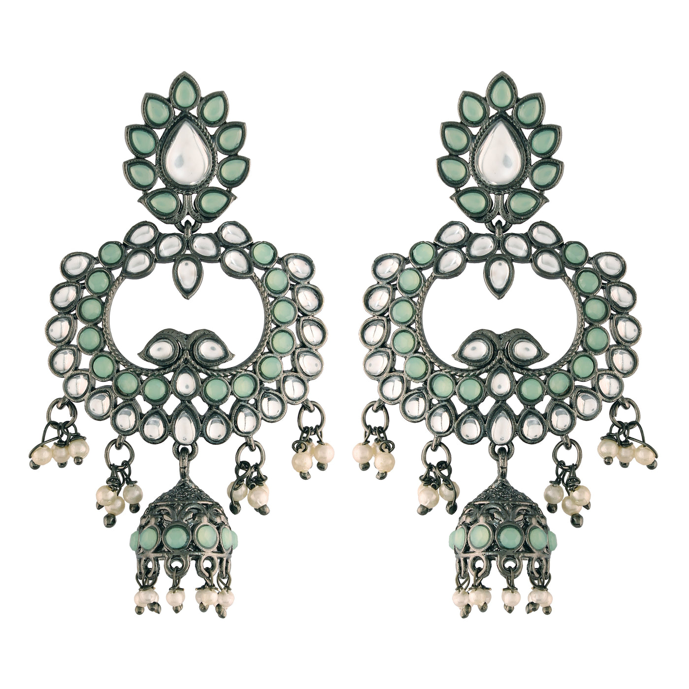 Women's I Jewels 18K Silver Oxidised Traditional Kundan & Stone Studded Jhumka Earrings (E2950Zmin)