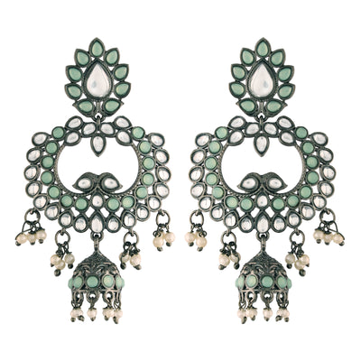 Women's I Jewels 18K Silver Oxidised Traditional Kundan & Stone Studded Jhumka Earrings (E2950Zmin)