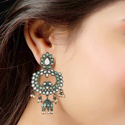 Women's I Jewels 18K Silver Oxidised Traditional Kundan & Stone Studded Jhumka Earrings (E2950Zmin)