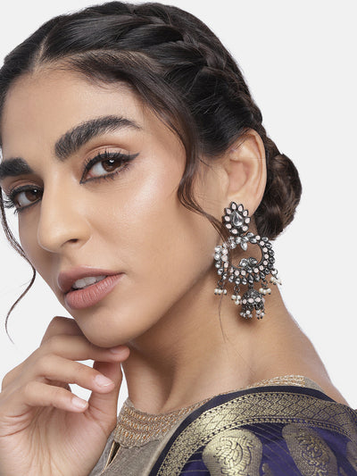 Women's I Jewels 18K Silver Oxidised Traditional Kundan & Stone Studded Jhumka Earrings (E2950Zpe)