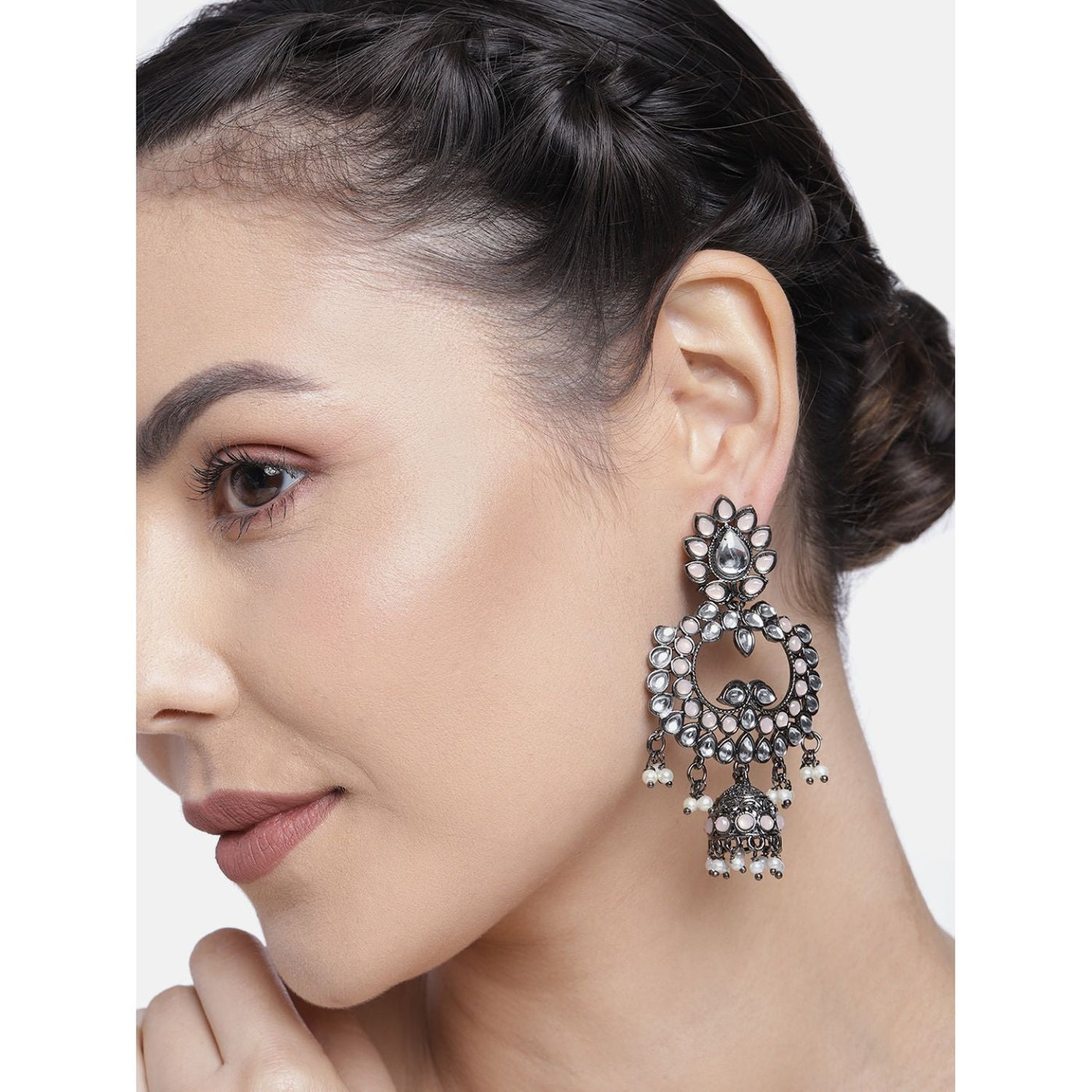 Women's I Jewels 18K Silver Oxidised Traditional Kundan & Stone Studded Jhumka Earrings (E2950Zpe)