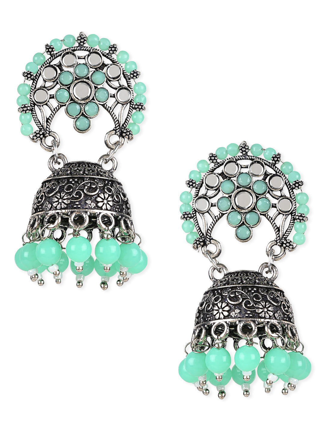 Women's 18K Silver Oxidised Traditional Kundan & Stone Studded Jhumka Earrings (E3061Zmin)