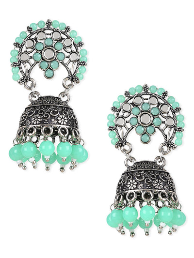 Women's 18K Silver Oxidised Traditional Kundan & Stone Studded Jhumka Earrings (E3061Zmin)