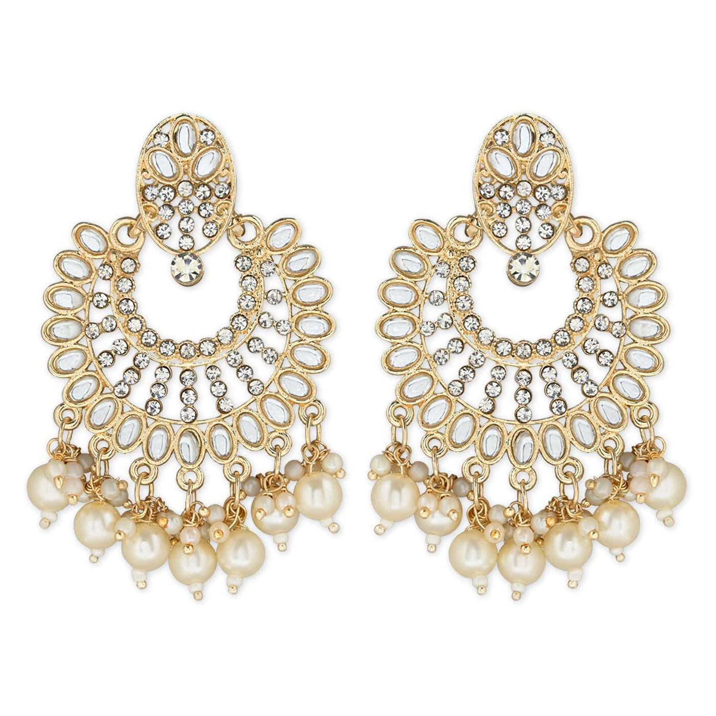 Women's 18K Gold Plated Intricately Designed Traditional Chandbali Earrings Glided With Kundans & Pearls (E3076W)
