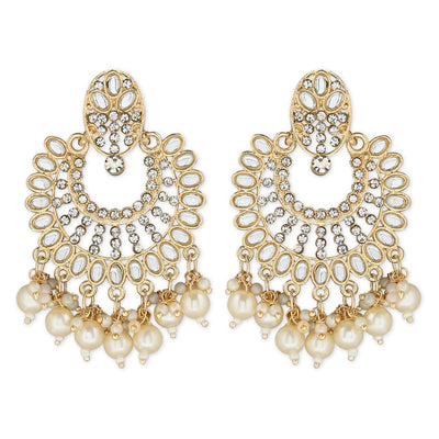 Women's 18K Gold Plated Intricately Designed Traditional Chandbali Earrings Glided With Kundans & Pearls (E3076W)