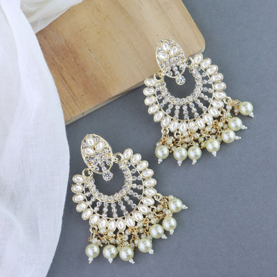 Women's 18K Gold Plated Intricately Designed Traditional Chandbali Earrings Glided With Kundans & Pearls (E3076W)
