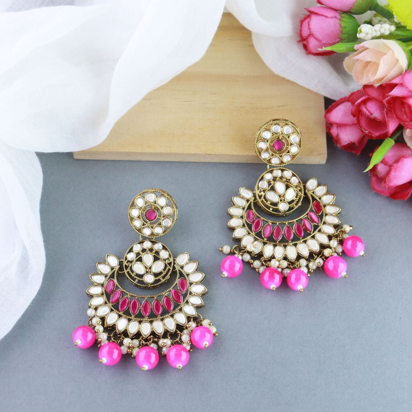 Women's 18K Gold Plated Traditional Kundan & Stone Studded Chandbali Earrings (E3079Q)