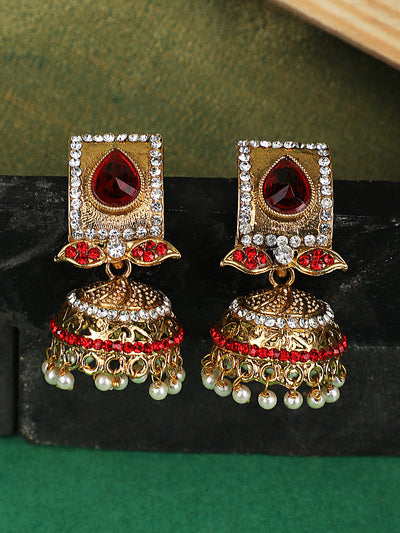 Women's Traditional Gold Plated Red Stone Studded Classy Look Jhumka Earring