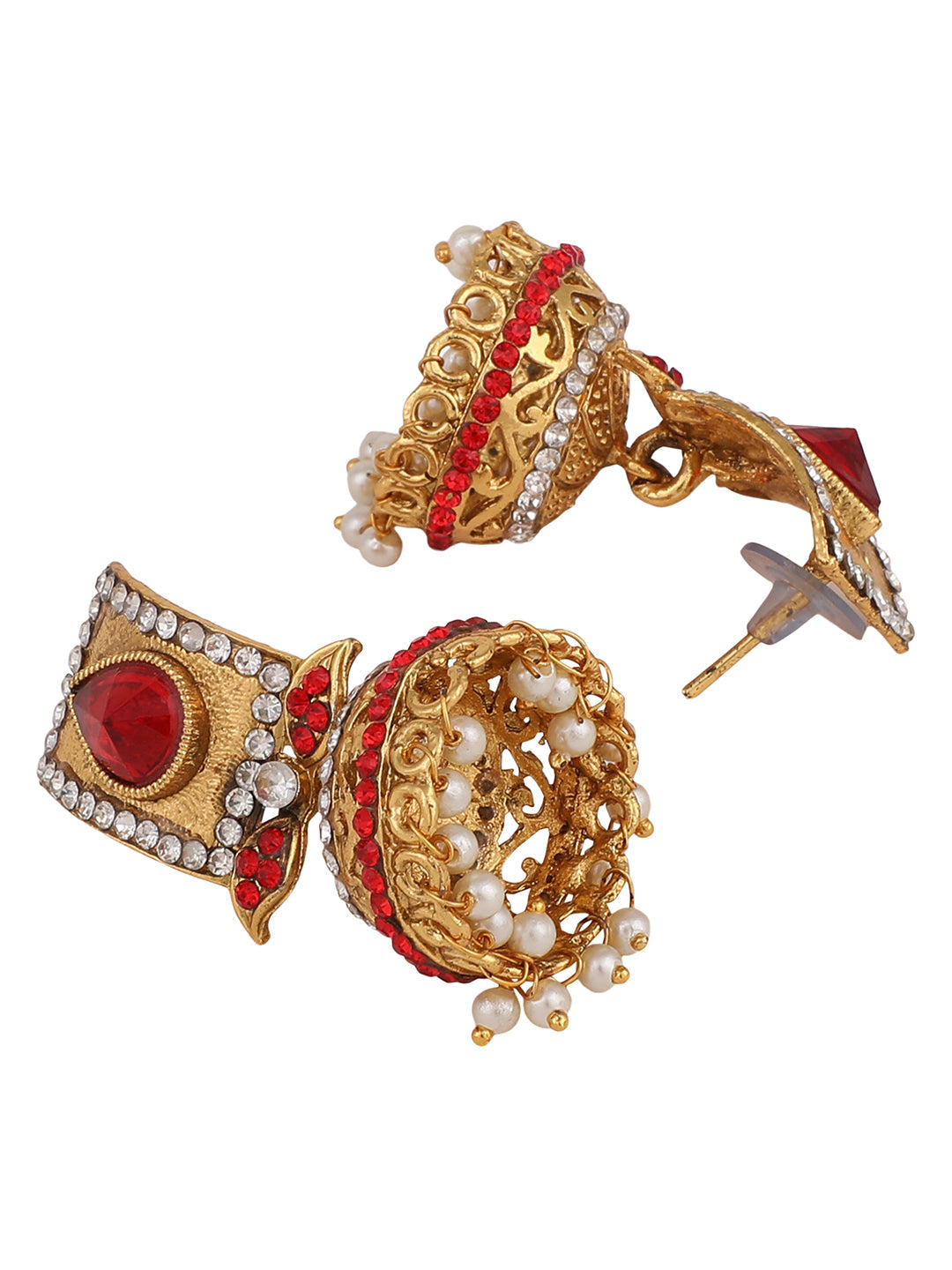 Women's Traditional Gold Plated Red Stone Studded Classy Look Jhumka Earring