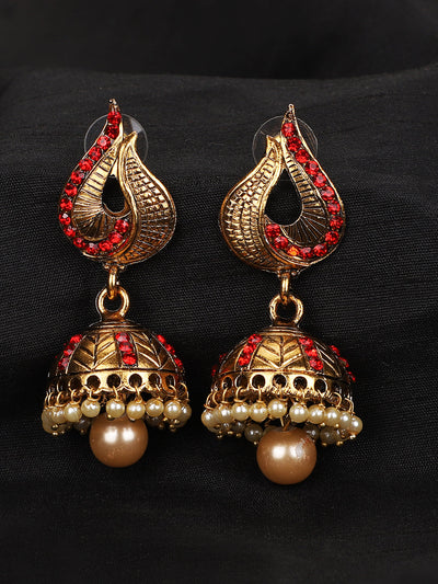 Women's Gold Tone Elegant Red Stone Studded Traditional Jhumka Earring