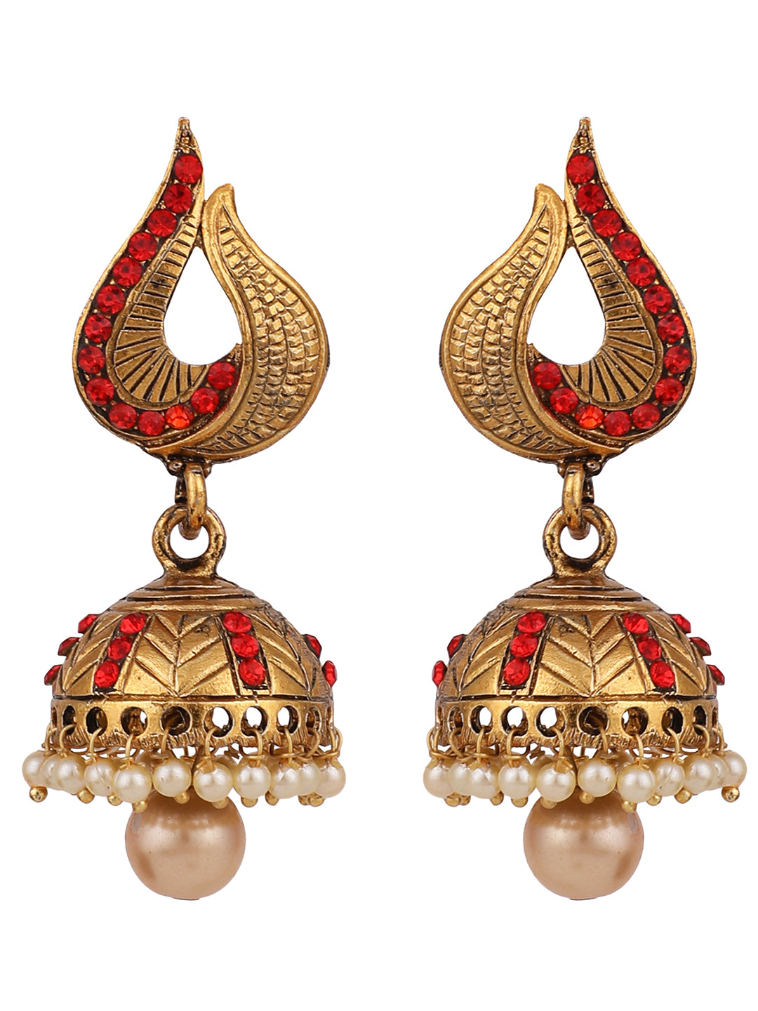 Women's Gold Tone Elegant Red Stone Studded Traditional Jhumka Earring