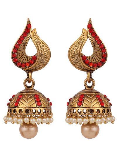 Women's Gold Tone Elegant Red Stone Studded Traditional Jhumka Earring