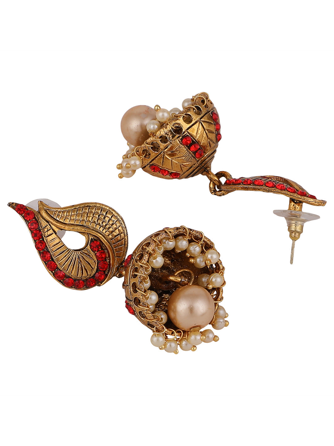 Women's Gold Tone Elegant Red Stone Studded Traditional Jhumka Earring