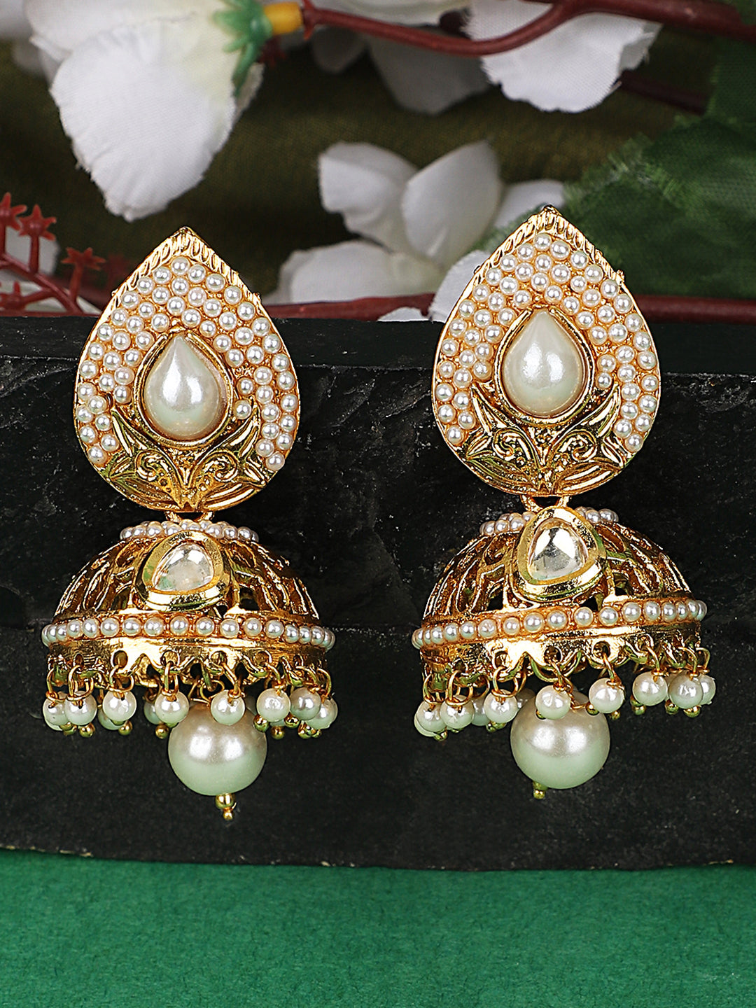 Women's Gold Plated White Pearl Brass Traditional Jhumka earring