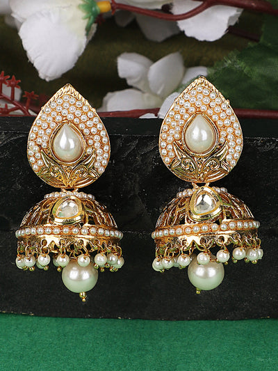 Women's Gold Plated White Pearl Brass Traditional Jhumka earring