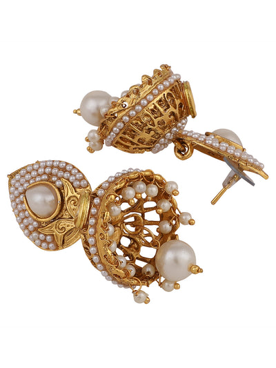 Women's Gold Plated White Pearl Brass Traditional Jhumka earring