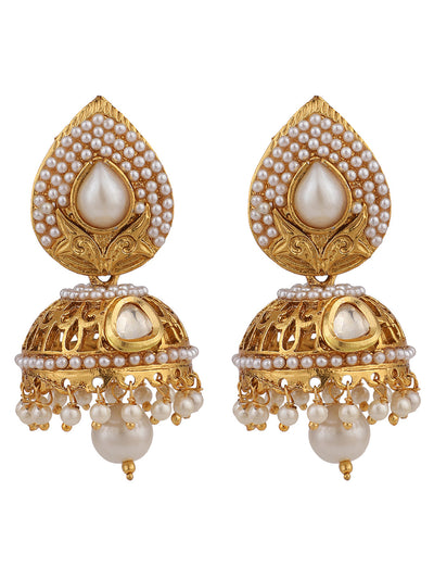 Women's Gold Plated White Pearl Brass Traditional Jhumka earring