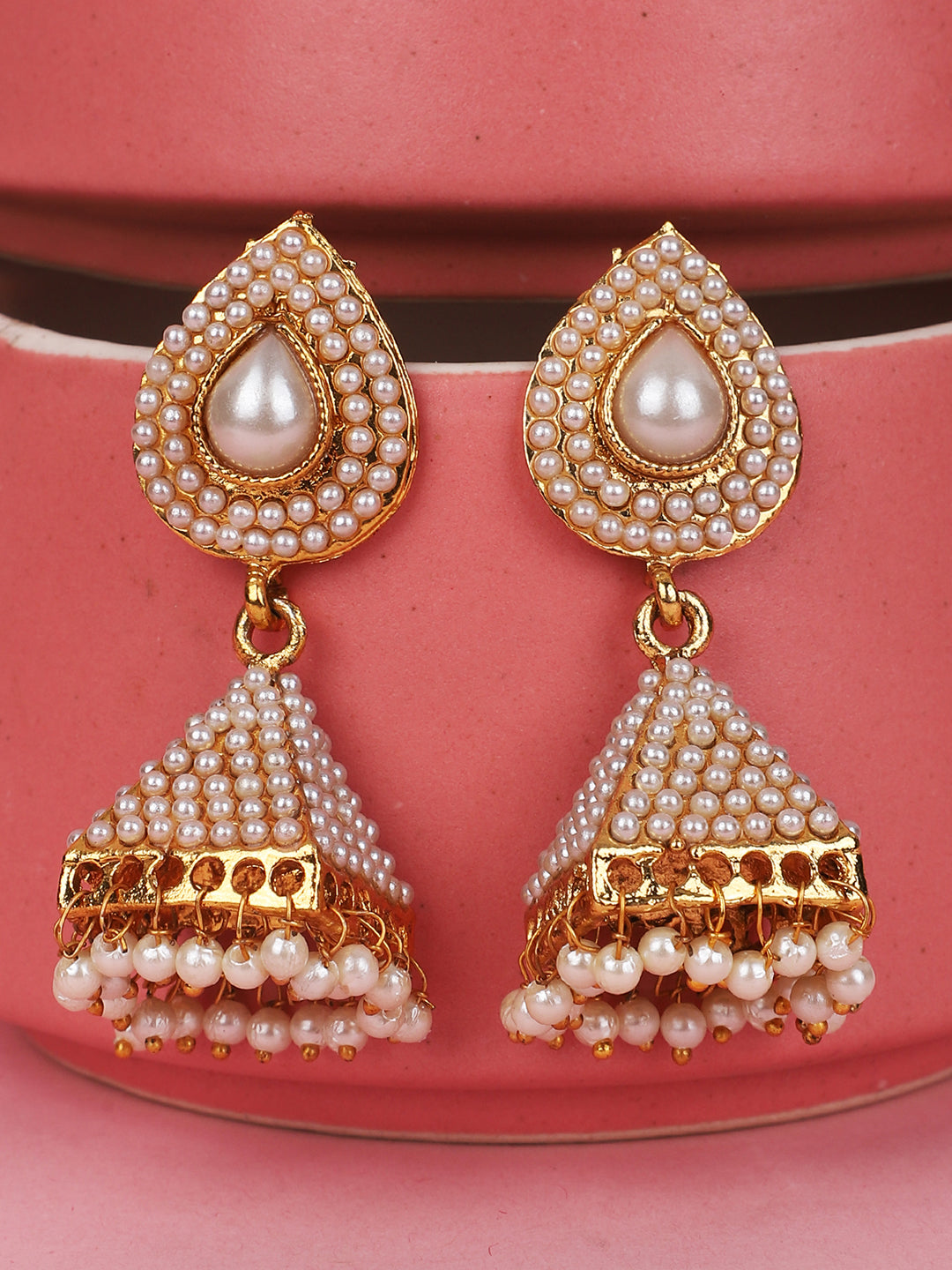 Women's Off White Pearl Traditional Brass Gold Plated Pyramid Shape Jhumka Earring