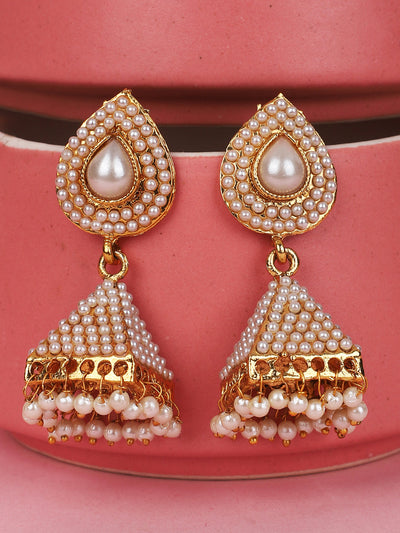 Women's Off White Pearl Traditional Brass Gold Plated Pyramid Shape Jhumka Earring