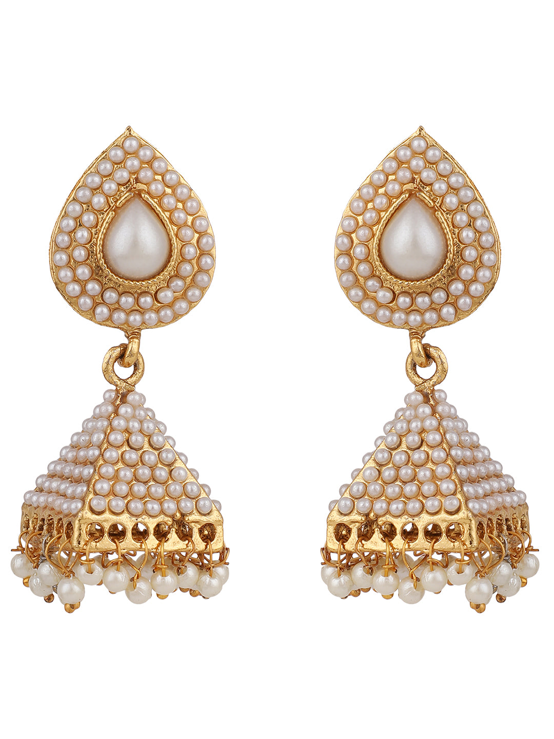 Women's Off White Pearl Traditional Brass Gold Plated Pyramid Shape Jhumka Earring