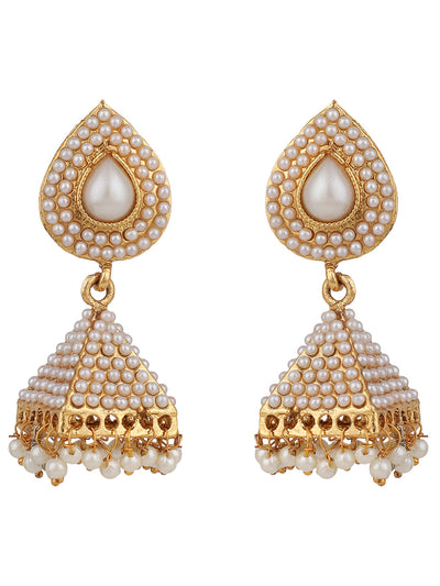Women's Off White Pearl Traditional Brass Gold Plated Pyramid Shape Jhumka Earring