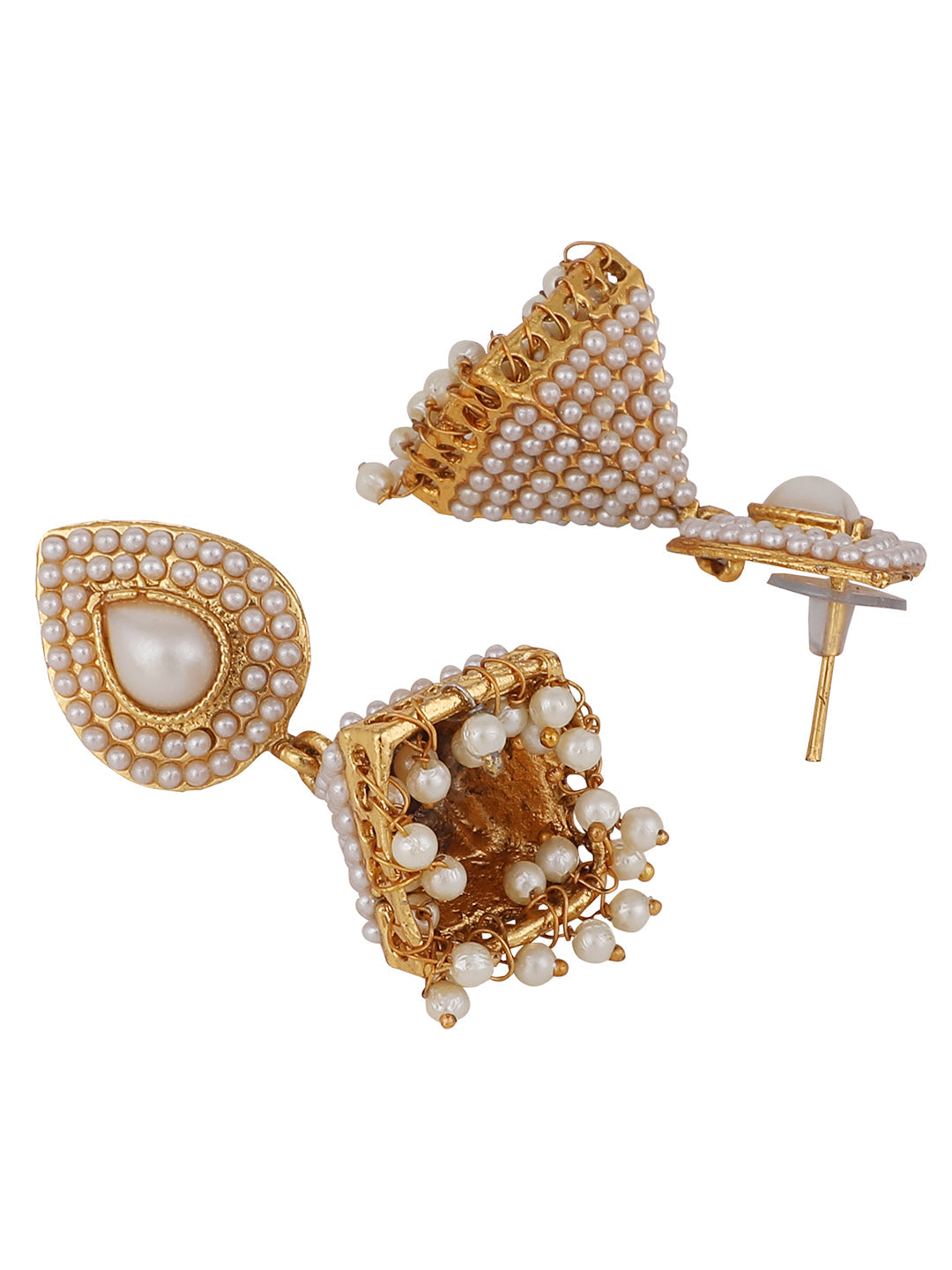 Women's Off White Pearl Traditional Brass Gold Plated Pyramid Shape Jhumka Earring
