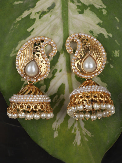 Women's Traditional Carry Shaped Pearl Offwhite Brass Jhumka Earring