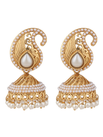 Women's Traditional Carry Shaped Pearl Offwhite Brass Jhumka Earring