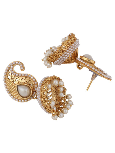 Women's Traditional Carry Shaped Pearl Offwhite Brass Jhumka Earring