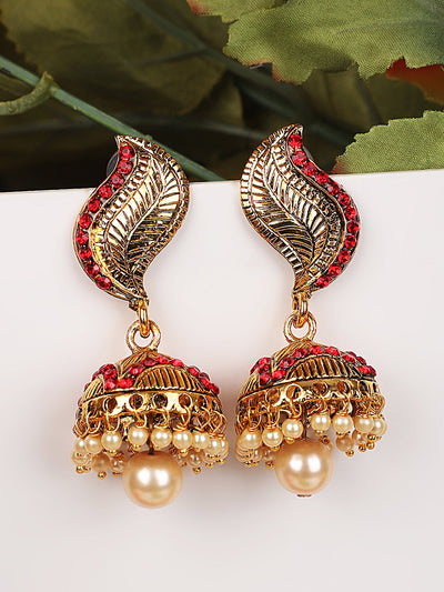 Women's Gold-Toned & Red Stone Studded & Beaded Dome Shaped Jhumkas Earrings