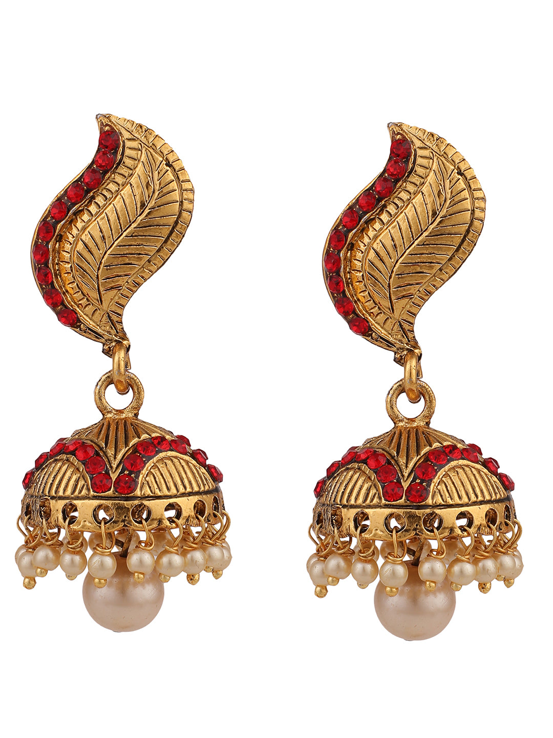 Women's Gold-Toned & Red Stone Studded & Beaded Dome Shaped Jhumkas Earrings