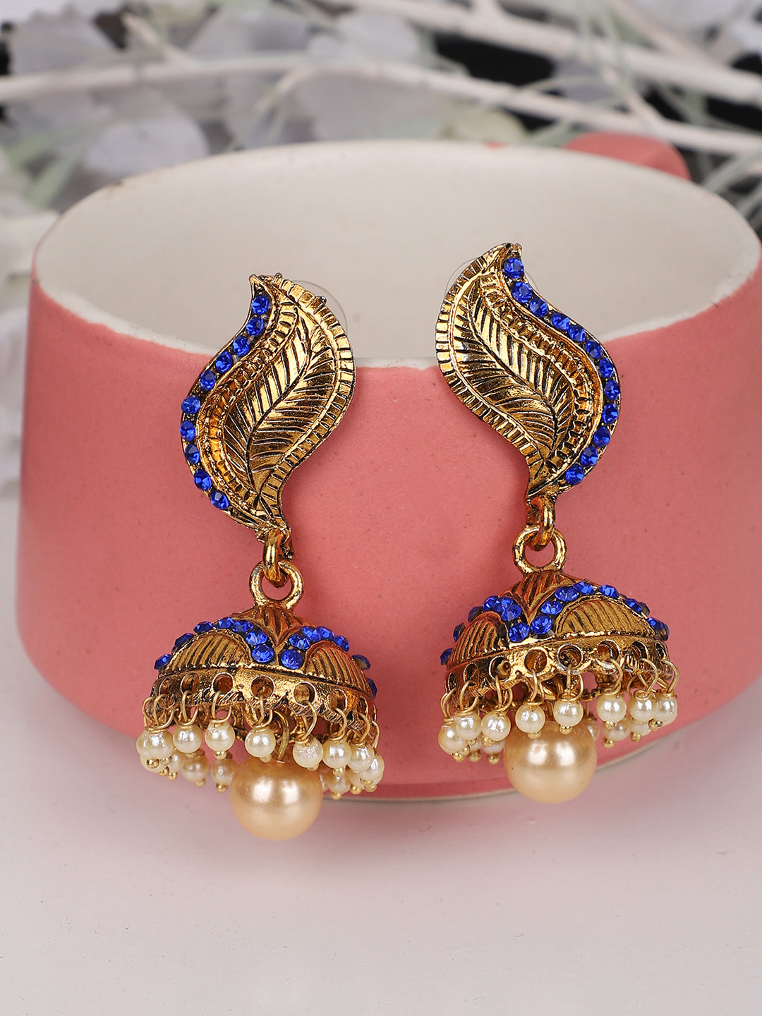 Women's Gold-Toned & LCT Stone Studded & Beaded Dome Shaped Jhumkas Earrings