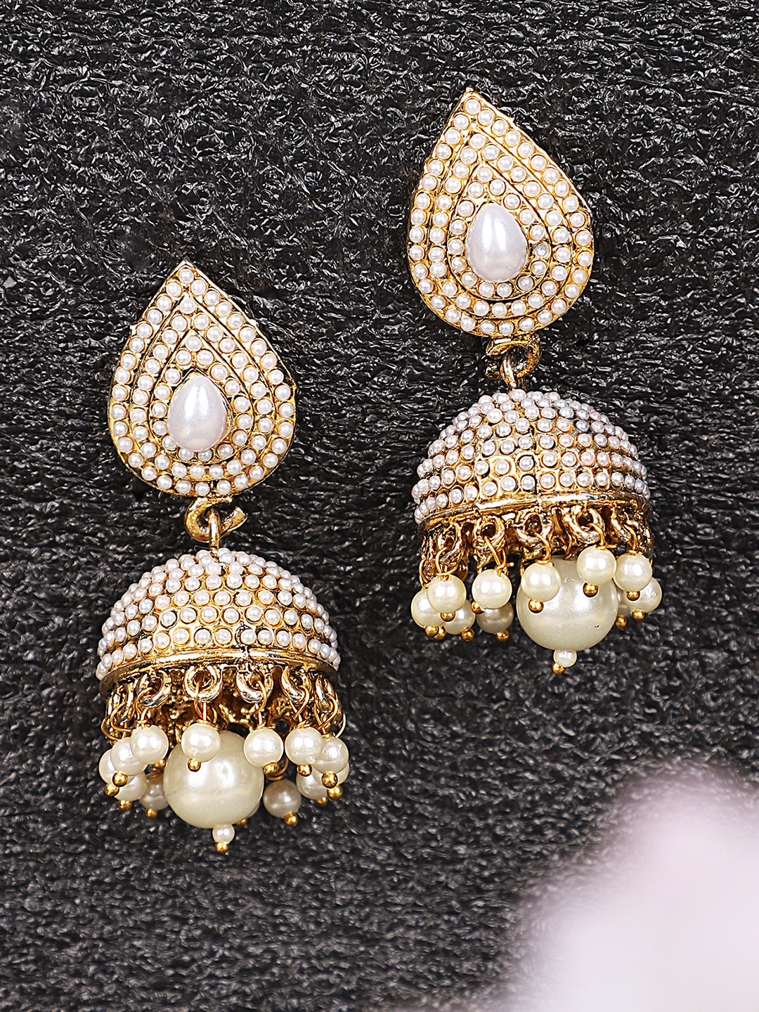 Women's Traditional Pearl Off white Brass Tear Drop Shaped Jhumka Earring