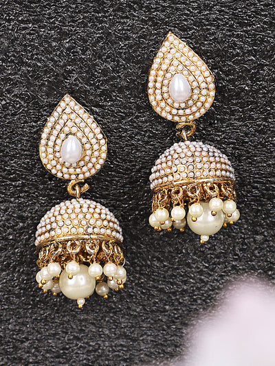 Women's Traditional Pearl Off white Brass Tear Drop Shaped Jhumka Earring
