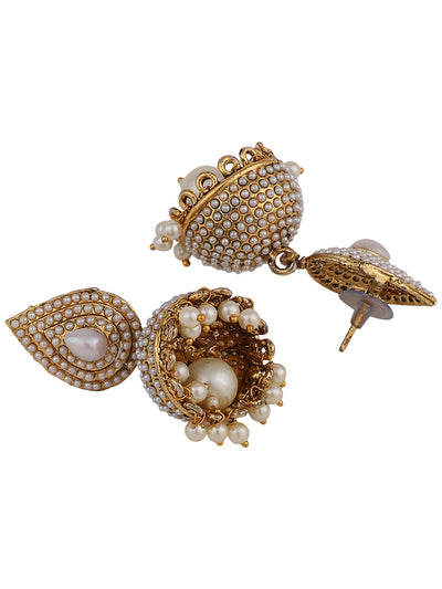 Women's Traditional Pearl Off white Brass Tear Drop Shaped Jhumka Earring