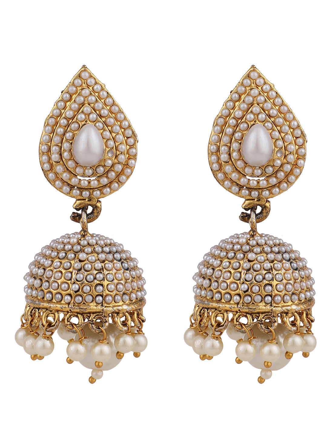 Women's Traditional Pearl Off white Brass Tear Drop Shaped Jhumka Earring