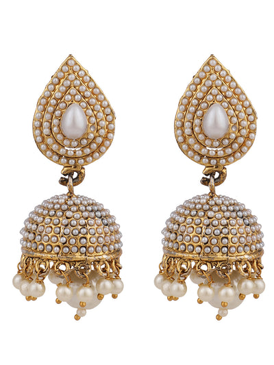Women's Traditional Pearl Off white Brass Tear Drop Shaped Jhumka Earring