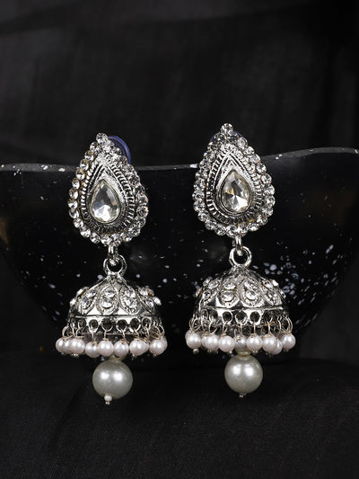 Women's Silver Plated Traditional Teardrop Shape Stone Studded Oxidised Jhumka Earring