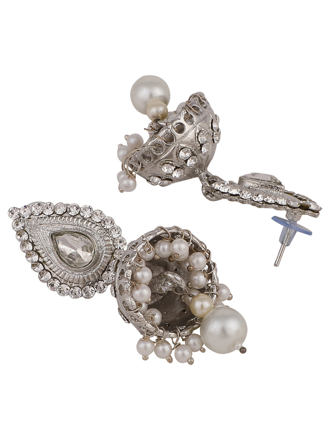 Women's Silver Plated Traditional Teardrop Shape Stone Studded Oxidised Jhumka Earring