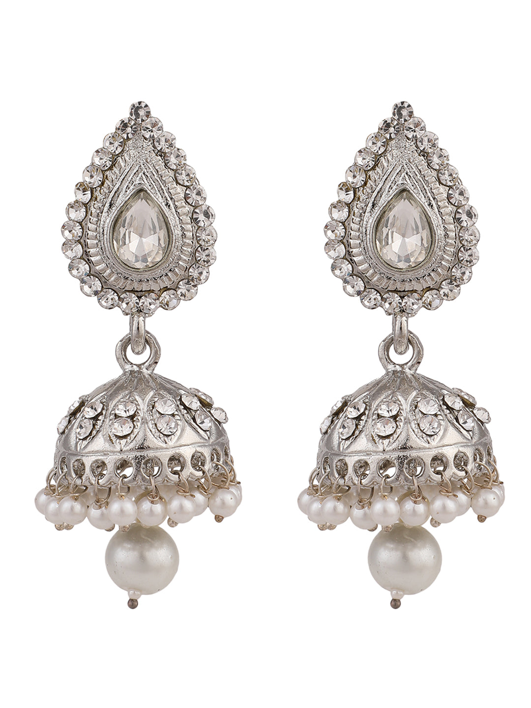 Women's Silver Plated Traditional Teardrop Shape Stone Studded Oxidised Jhumka Earring