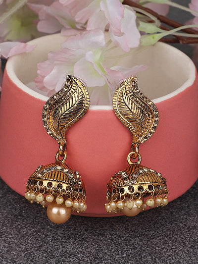 Women's Gold-Toned & Blue Stone Studded & Beaded Dome Shaped Jhumkas Earrings