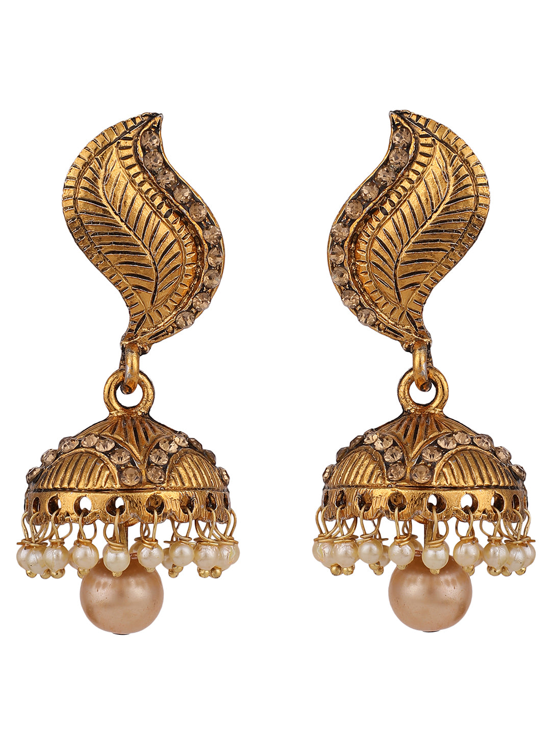 Women's Gold-Toned & Blue Stone Studded & Beaded Dome Shaped Jhumkas Earrings