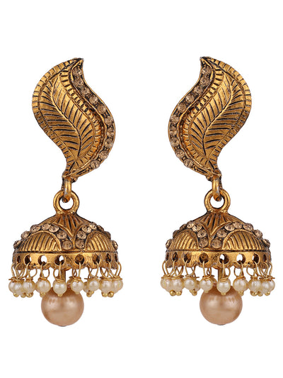 Women's Gold-Toned & Blue Stone Studded & Beaded Dome Shaped Jhumkas Earrings