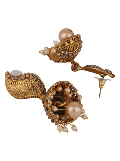 Women's Gold-Toned & Blue Stone Studded & Beaded Dome Shaped Jhumkas Earrings