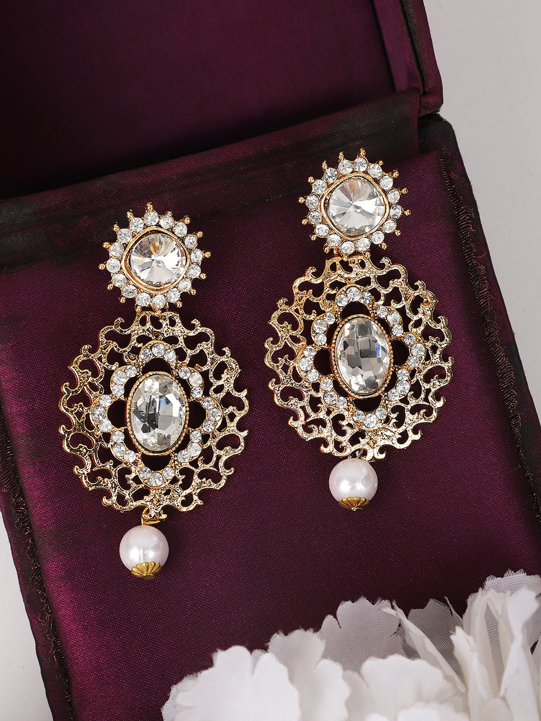 Women's Gold Plated and Cutwork Traditional Stone and pearl Chandbali Earring
