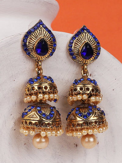 Women's Blue Stone Studded & Beaded 2 Floor Dome Shaped Jhumkas
