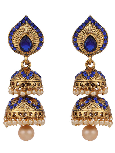 Women's Blue Stone Studded & Beaded 2 Floor Dome Shaped Jhumkas