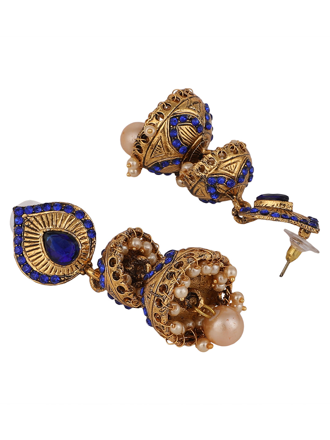 Women's Blue Stone Studded & Beaded 2 Floor Dome Shaped Jhumkas