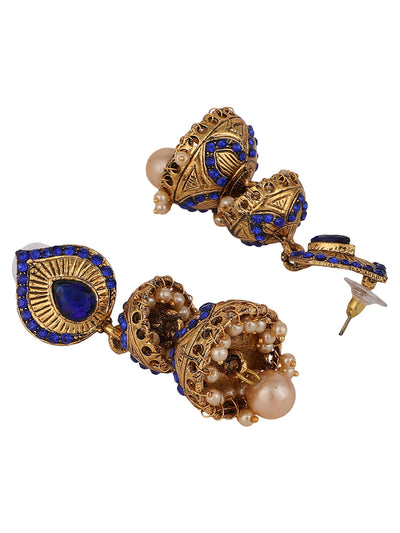 Women's Blue Stone Studded & Beaded 2 Floor Dome Shaped Jhumkas