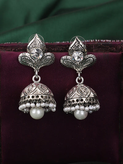 Women's Silver Plated Traditional Teardrop Shape Oxidised Stone Studded Jhumka Earring